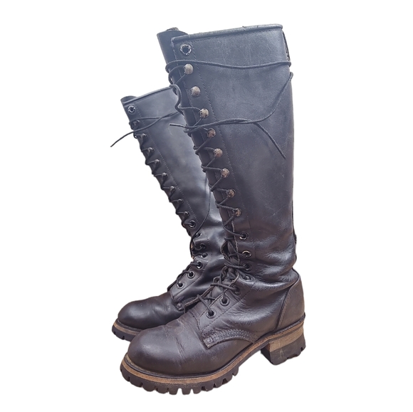 None Shoes - Vintage Tall Logger Boots Goodyear Leather Women 6-6.5 platform lace up